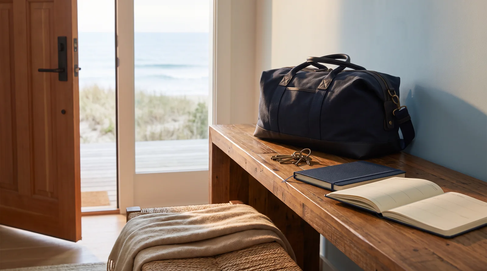 A family advisor and adult client reviewing a written aftercare plan in a calm coastal home