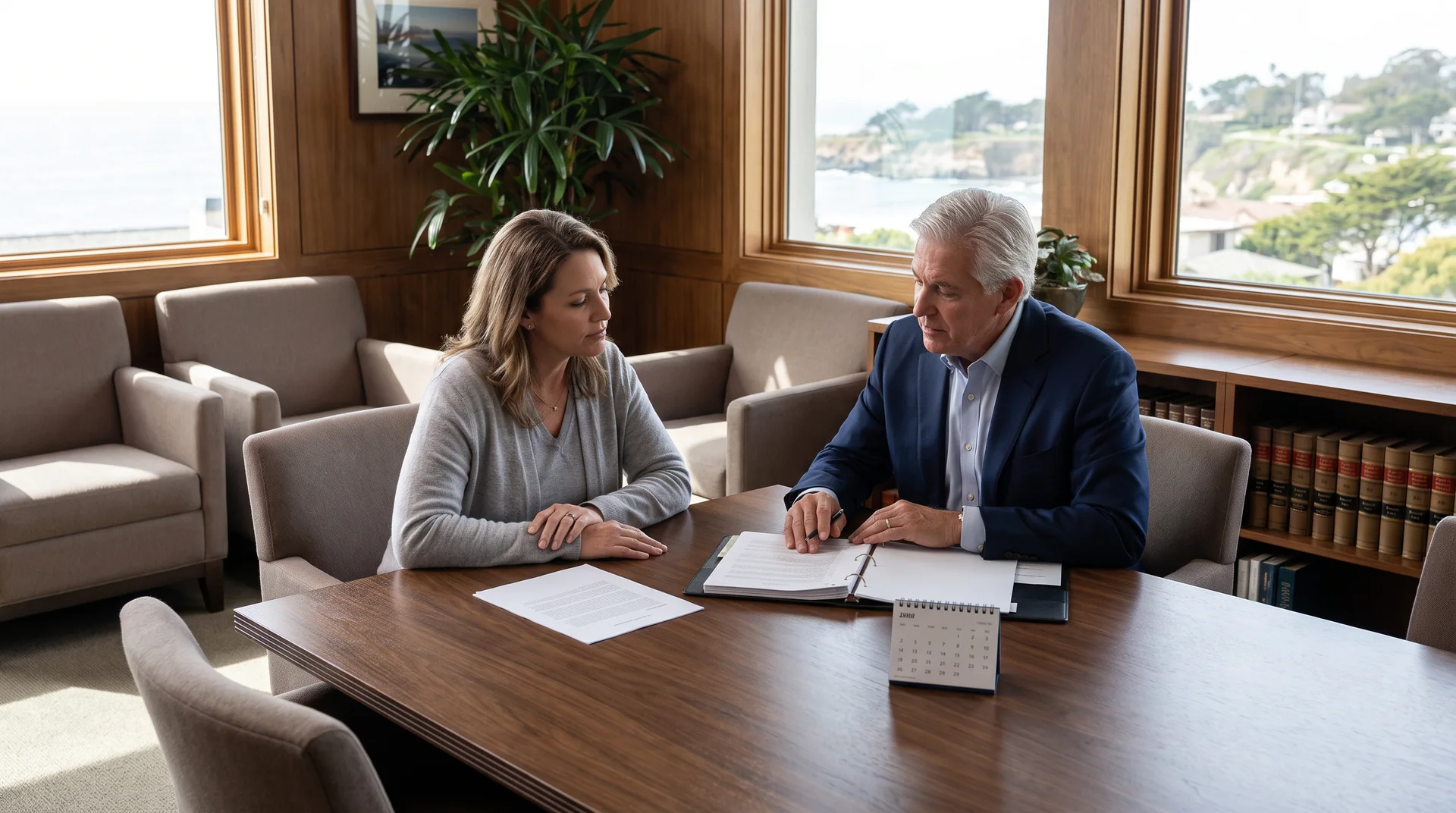 A trust officer and family advisor reviewing an organized beneficiary support plan in a private coastal office