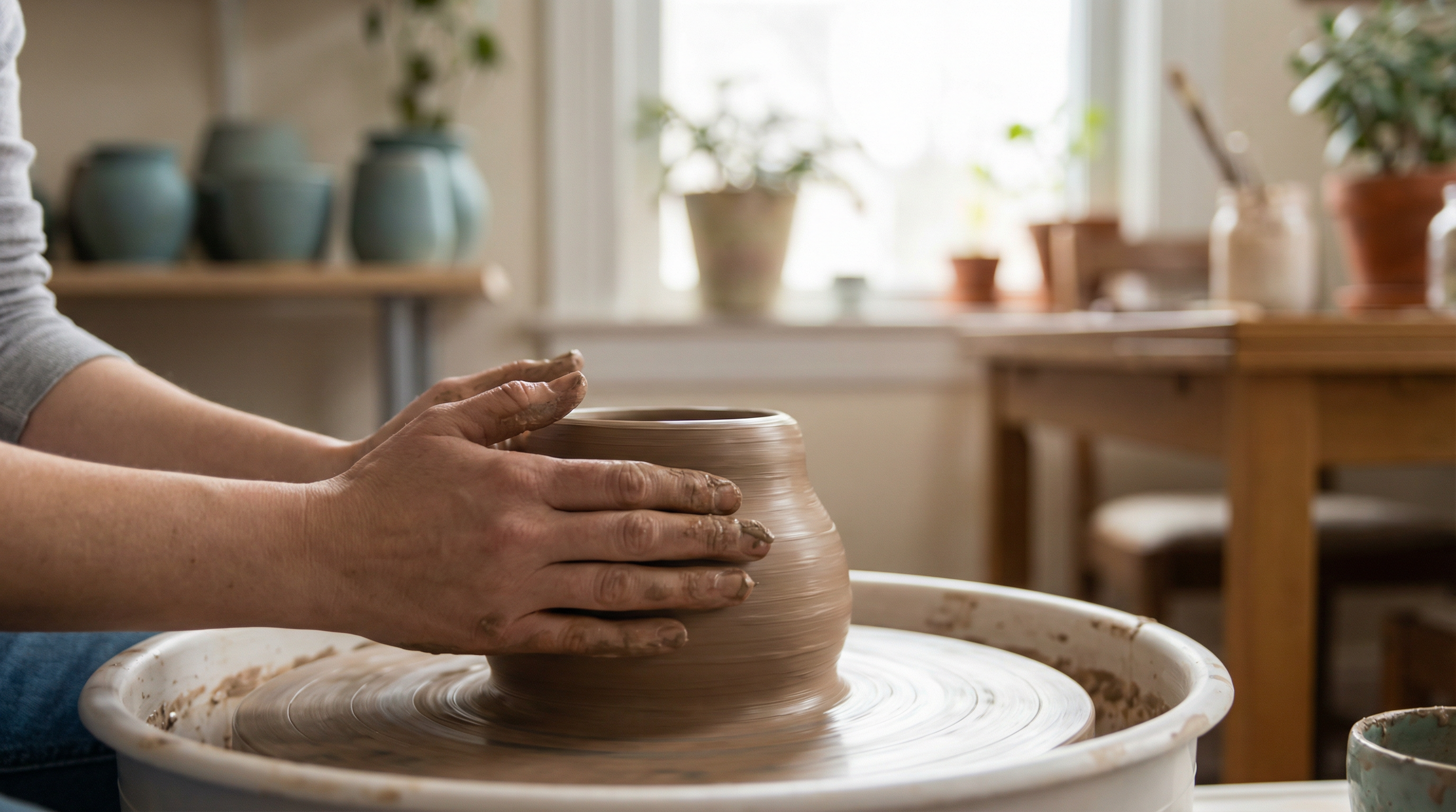 Hands shaping clay on potter's wheel