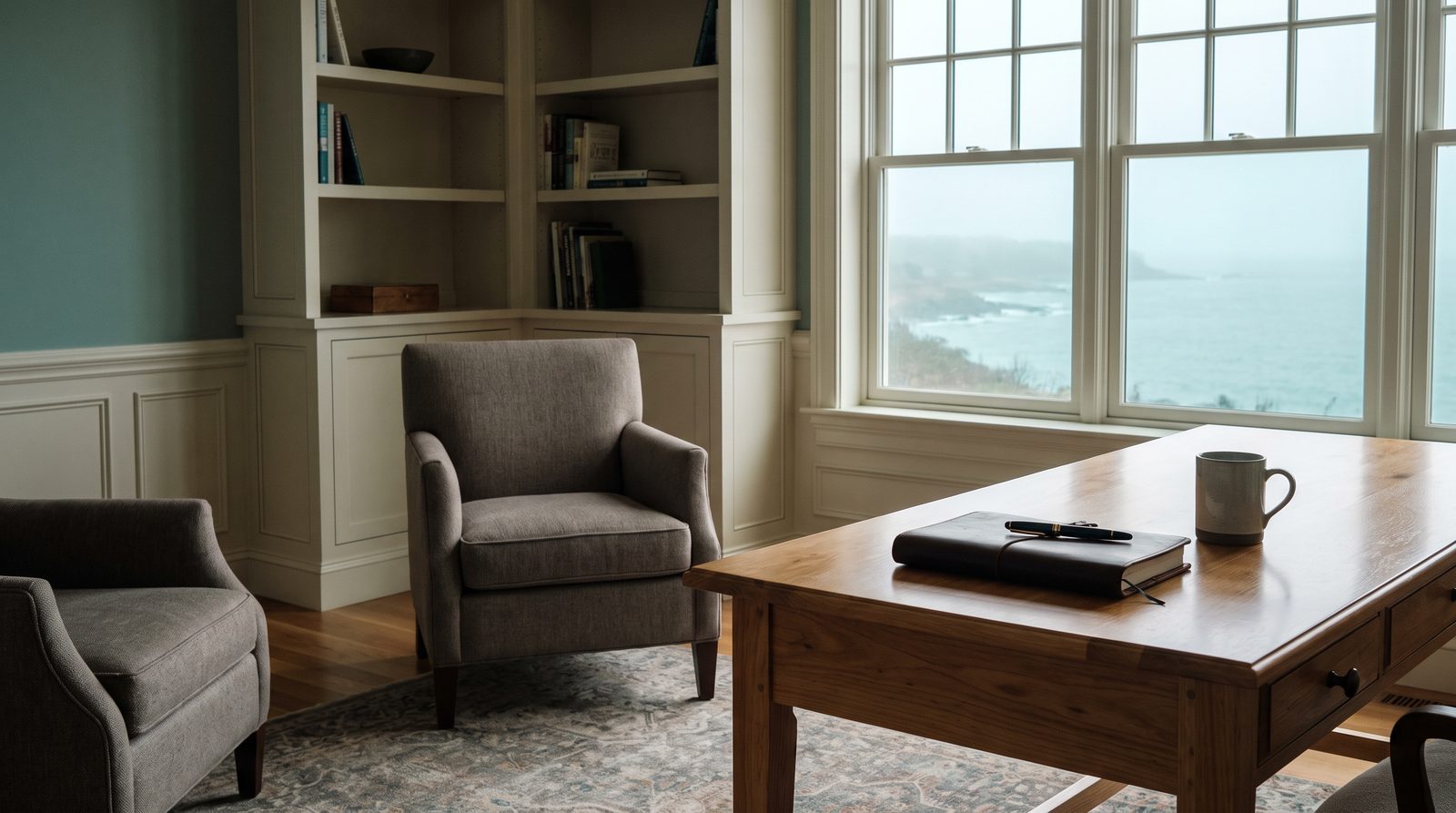 Quiet editorial workspace overlooking the coast
