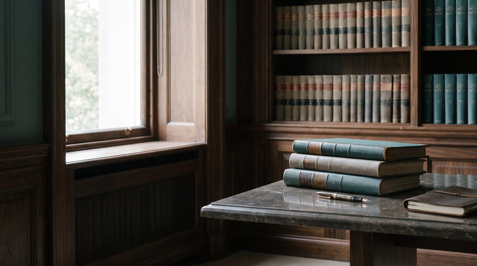 Restrained legal library with archival volumes and a writing table